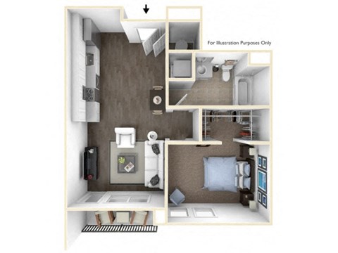Floor plan for 1 bed, 1 bath, 643 sqft